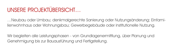 Unsere ProjektÜbersicht… …Neubau oder Umbau; denkmalgerechte Sanierung oder Nutzungsänderung; Einfamilienwohnhaus oder Wohnungsbau; Gewerbegebäude oder institutionelle Nutzung. Wir begleiten alle Leistungsphasen - von Grundlagenermittlung, über Planung und Genehmigung bis zur Bauausführung und Fertigstellung.